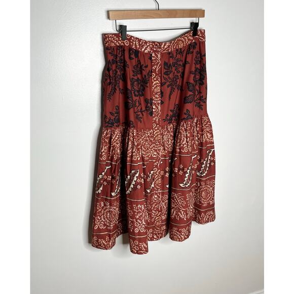 Sundance Midi Skirt Womens Large Rust Red Floral Boho Tiered Pockets Cotton - Picture 3 of 9